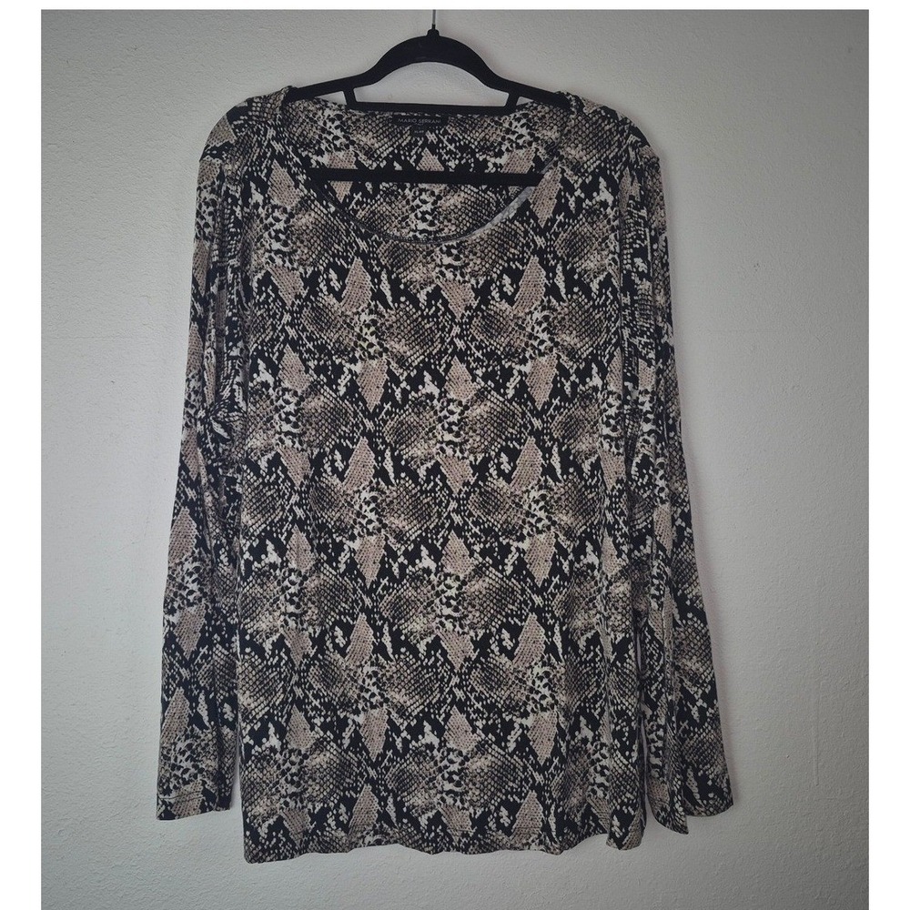 Mario Serrani Top Womens XL Brown Snakeskin Print Long Sleeve Viscose Blend